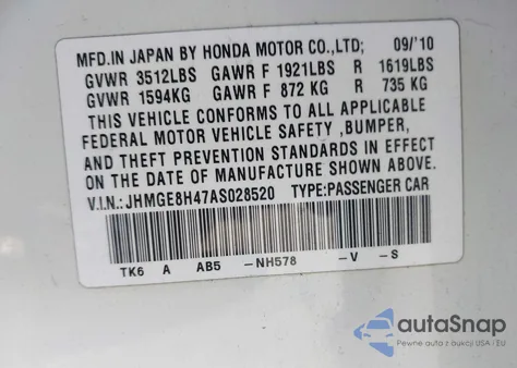 2010 Honda Fit Sport из США, поврежденный, VIN JHMGE8H47AS028520